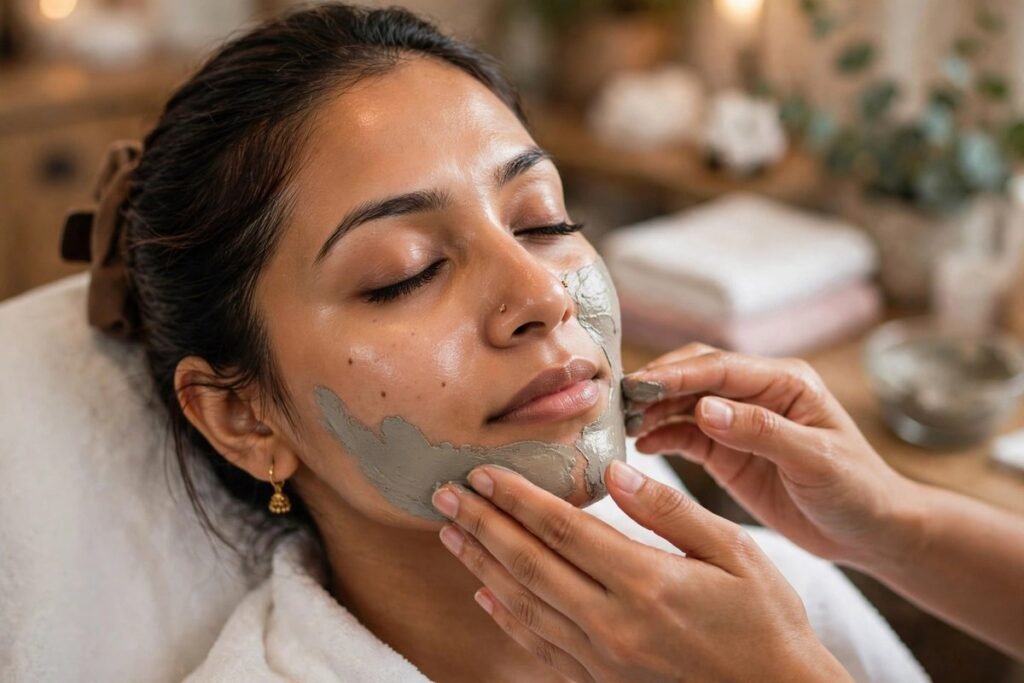 Pakistani woman receiving a clay mask facial for oily skin care Pakistan at a local salon