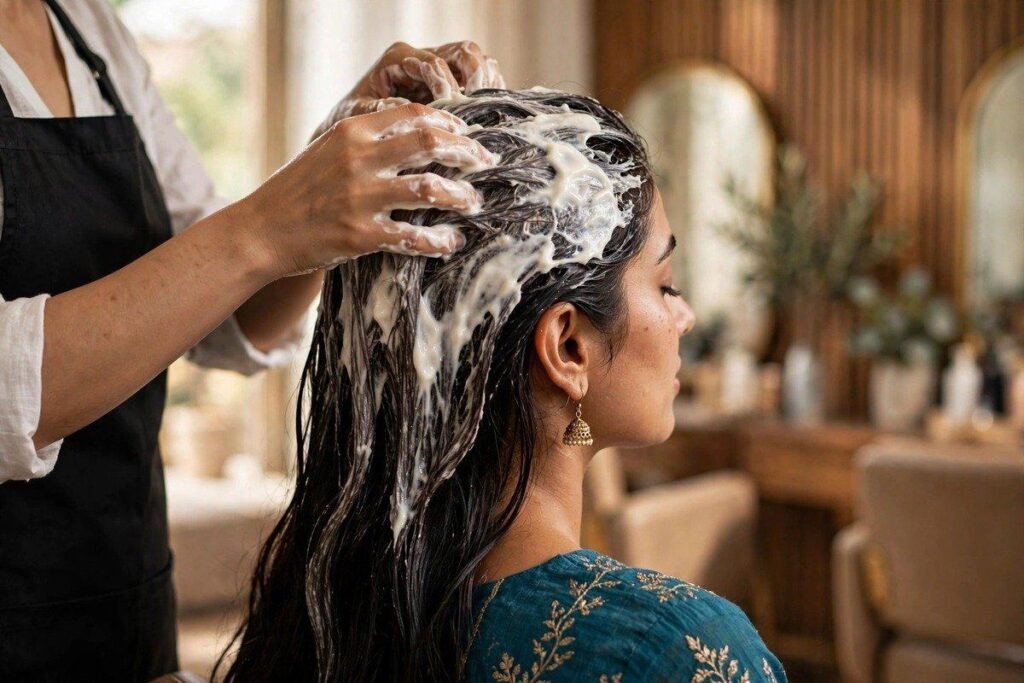 Pakistani woman with long dark hair receiving a relaxing hair spa treatment with scalp massage in an elegant salon