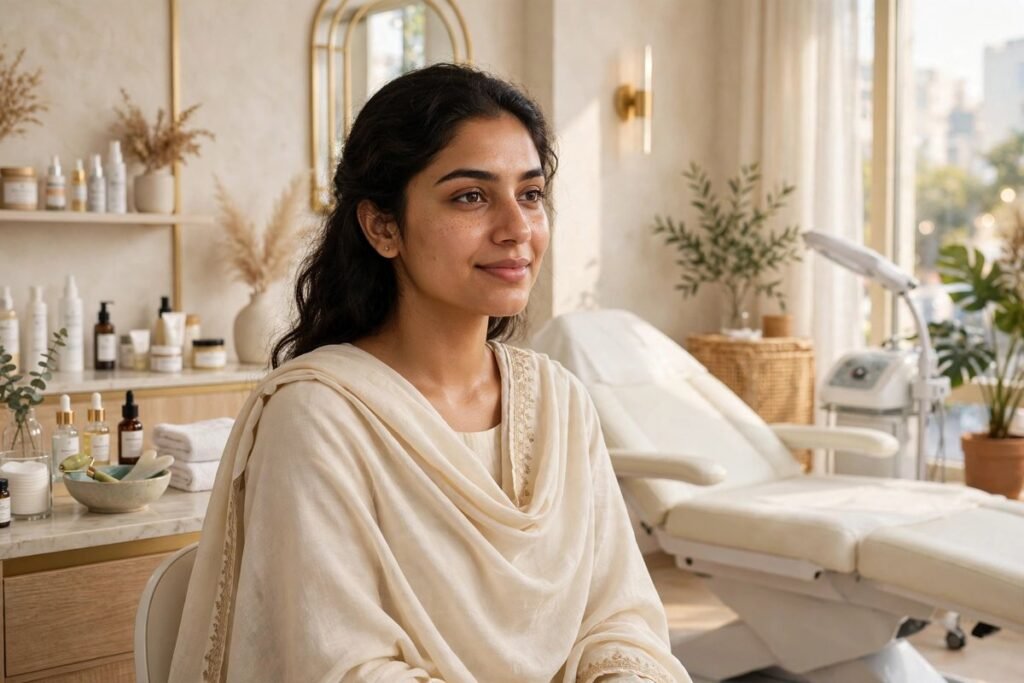 A young Pakistani woman with clear glowing skin in a bright modern salon after professional acne scars treatment