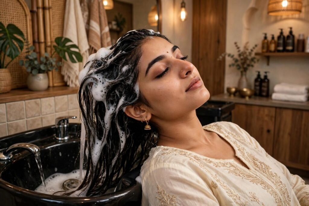 Pakistani woman enjoying a hair wash at a salon basin, showing how often to wash hair