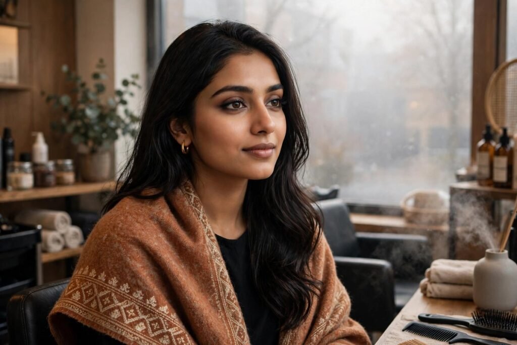 Pakistani woman in a warm shawl at a salon in winter fog, healthy scalp after dandruff treatment winter routine
