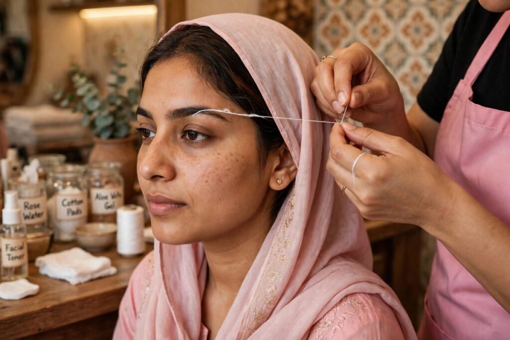 Pakistani woman having her eyebrows threaded at a salon, demonstrating this eyebrow shaping guide