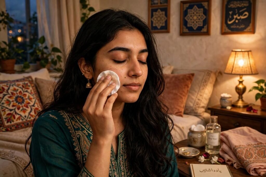 Pakistani woman gently removing makeup with a cotton pad, showing how to remove makeup without damaging skin