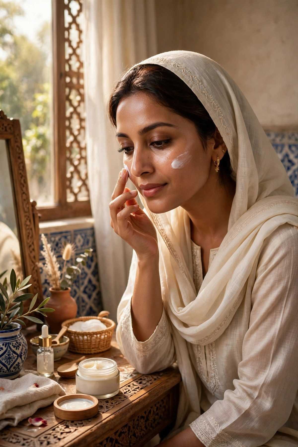Pakistani woman applying anti-ageing skincare cream at her vanity table in warm natural light