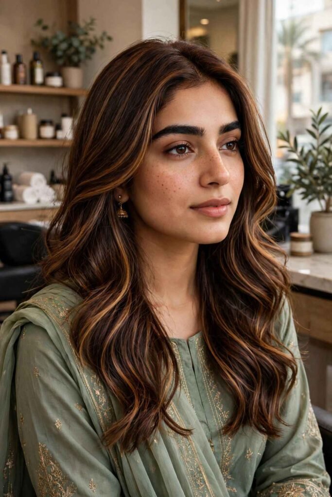 Pakistani woman with warm chocolate-brown hair colour for Pakistani skin with caramel highlights in a salon