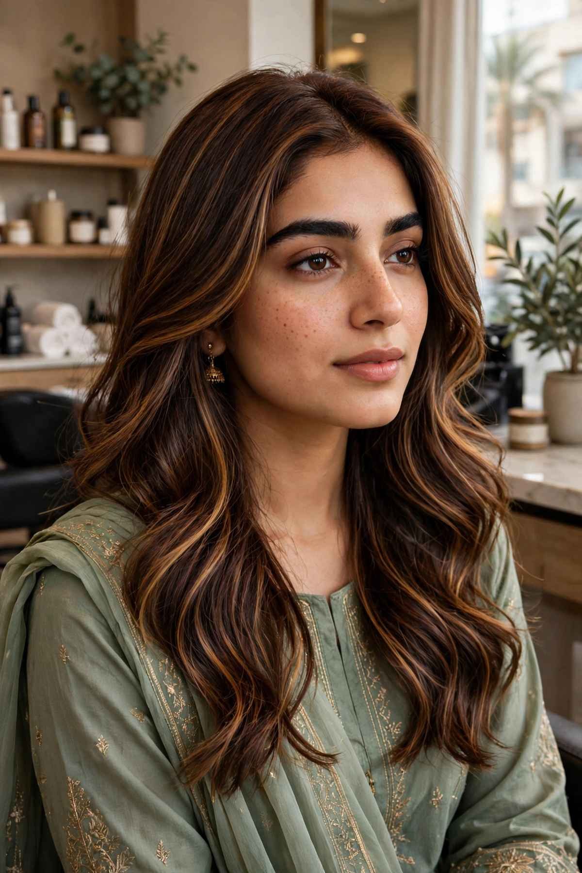Pakistani woman with warm chocolate-brown hair colour for Pakistani skin with caramel highlights in a salon