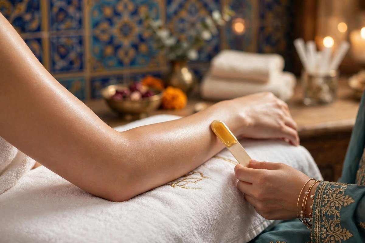 Beautician applying warm wax with a spatula on a client's arm, showing the waxing vs shaving choice at a Pakistani beauty salon