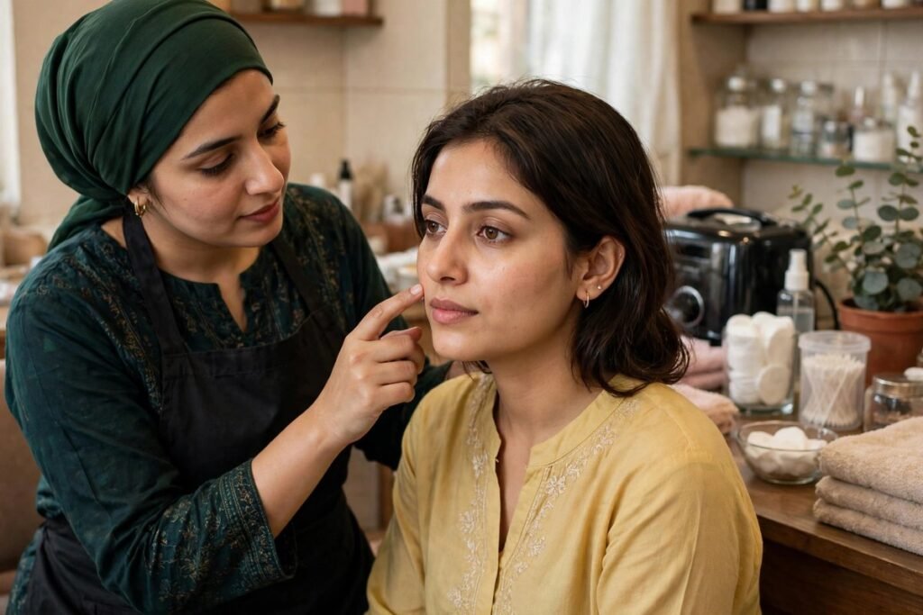 Pakistani woman discussing whitening cream risks with a beautician during a skincare consultation at a local salon