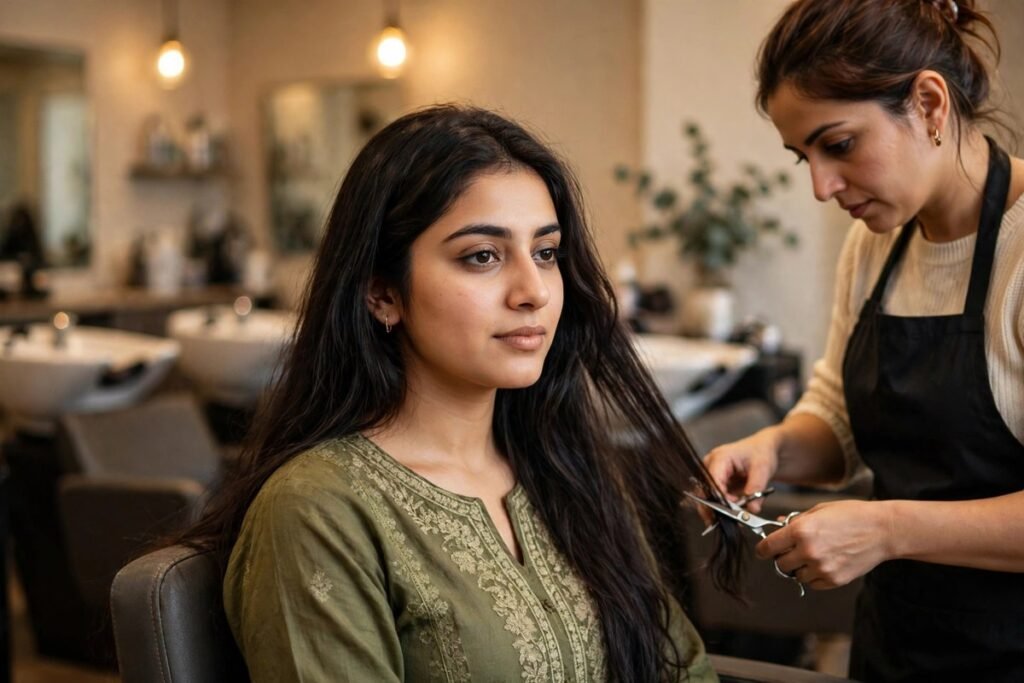 Pakistani woman with long dark hair getting her ends trimmed by a stylist at a local salon, showing a real split ends treatment in progress