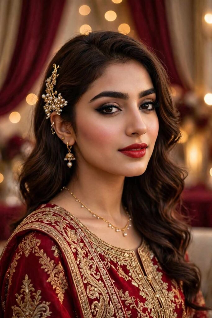 Pakistani woman in festive red and gold attire with long lasting party makeup, kohl-lined eyes and red lipstick at an indoor wedding celebration