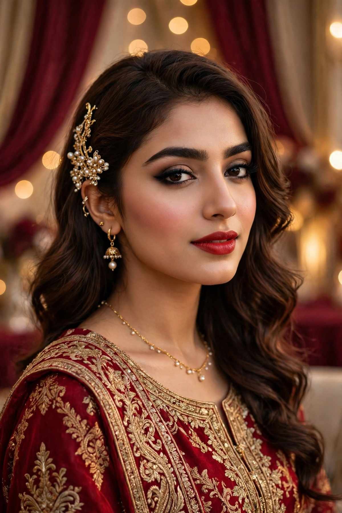 Pakistani woman in festive red and gold attire with long lasting party makeup, kohl-lined eyes and red lipstick at an indoor wedding celebration
