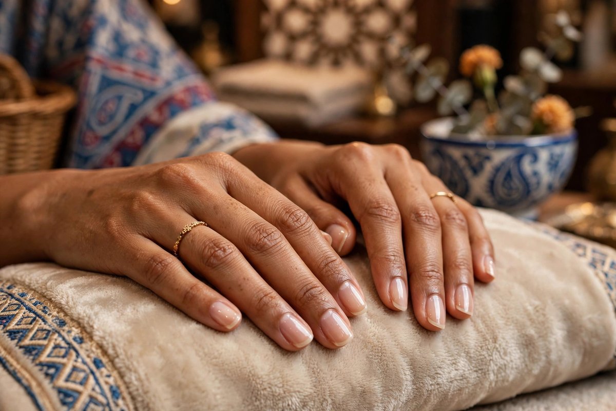 South Asian woman's hands with healthy natural manicured nails showing nail care basics for strong nails at home