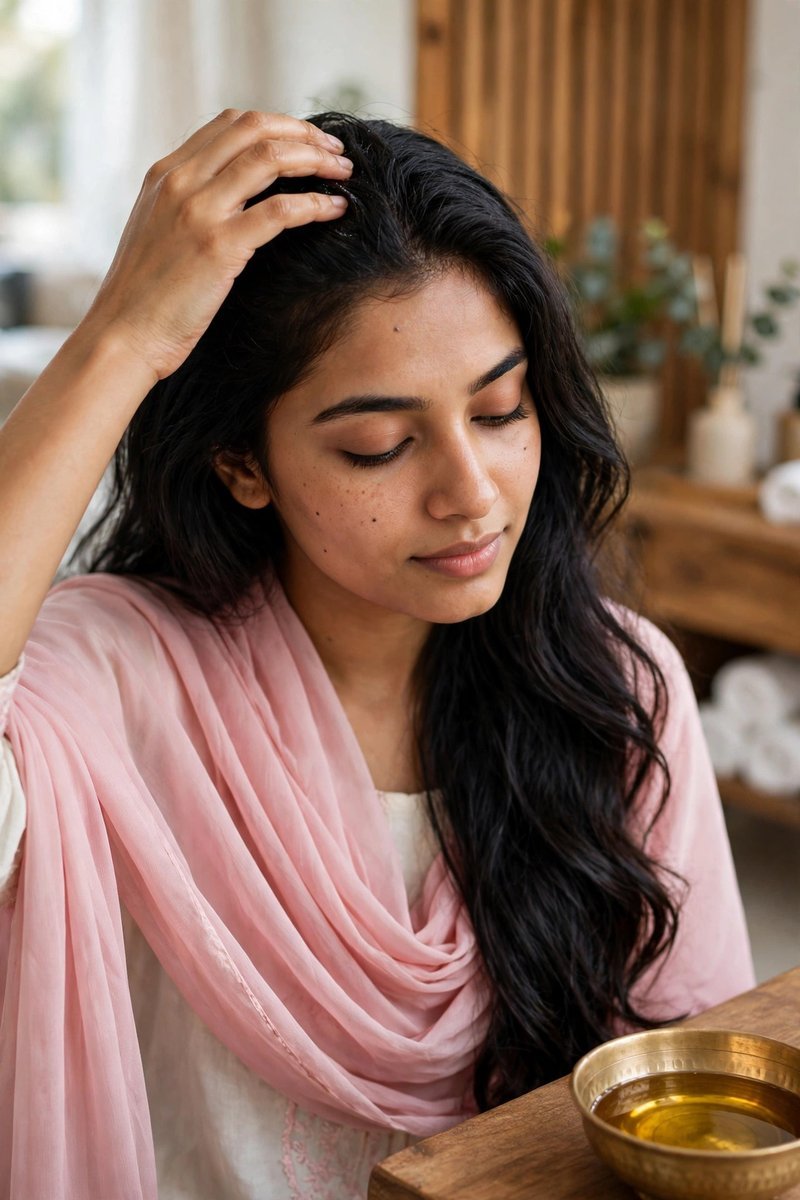 A Pakistani woman practising hair oiling, gently massaging warm oil into her scalp with a brass bowl of oil beside her