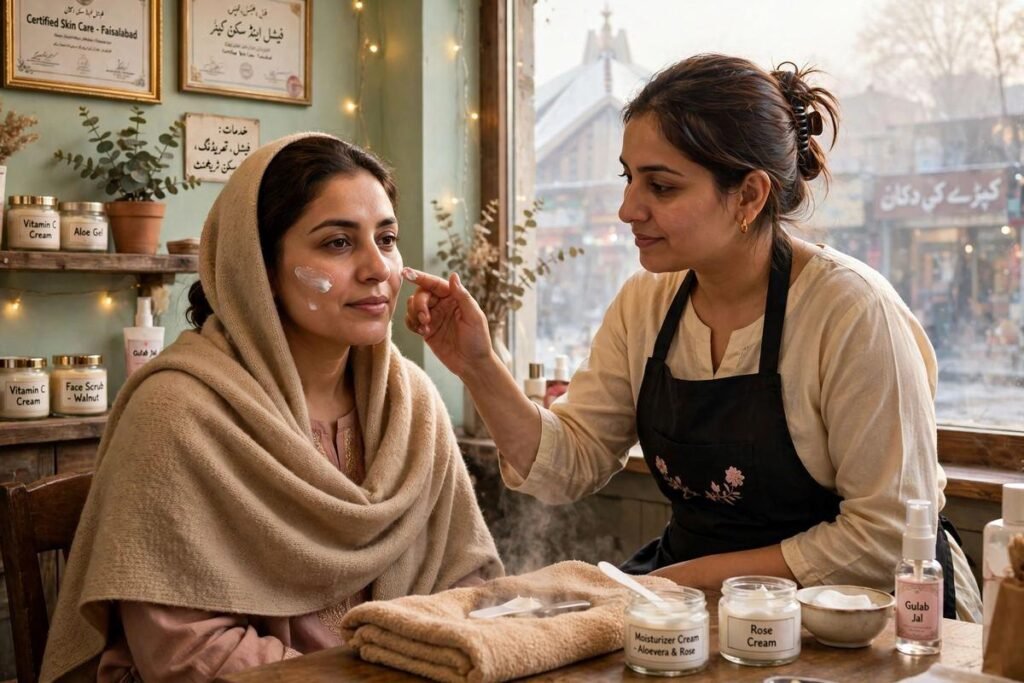 Pakistani woman in a shawl having moisturiser applied in a Faisalabad salon, showing how to treat dry skin in winter