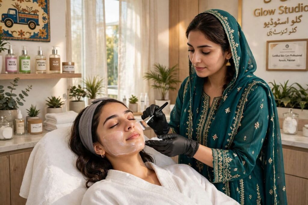 Pakistani woman receiving a gentle facial treatment to remove blackheads at a local salon in Pakistan