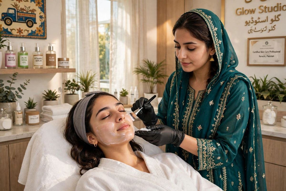 Pakistani woman receiving a gentle facial treatment to remove blackheads at a local salon in Pakistan