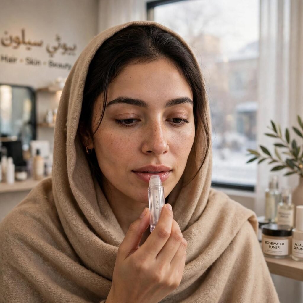 Pakistani woman in a shawl applying lip balm to fix dry chapped lips in a Faisalabad salon during winter