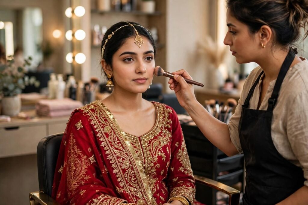 Pakistani bride getting bridal makeup done in salon — avoid these bridal makeup mistakes for flawless wedding photos