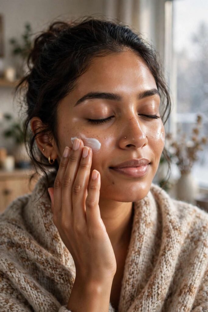 South Asian woman applying moisturiser for glowing skin — complete winter skincare routine for Pakistan's cold months