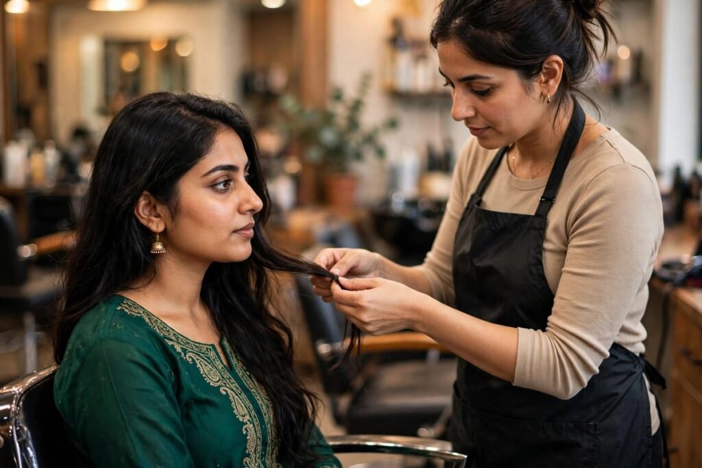 Pakistani woman at a Faisalabad salon discussing a haircut for face shape consultation with her stylist