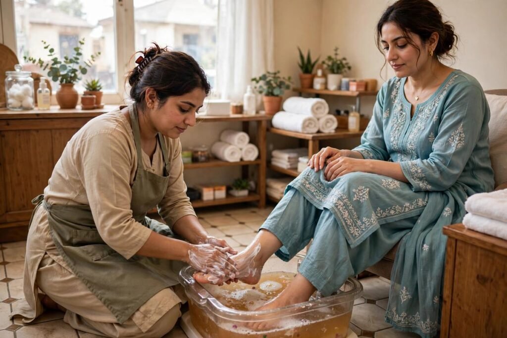 Pakistani woman receiving winter pedicure care foot spa treatment at a Faisalabad salon