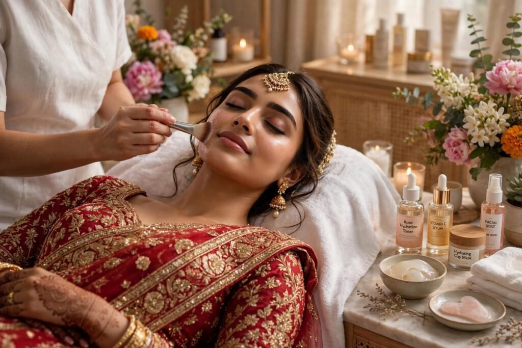 Bridal skincare: bride receiving a glowing facial treatment at a salon before her wedding