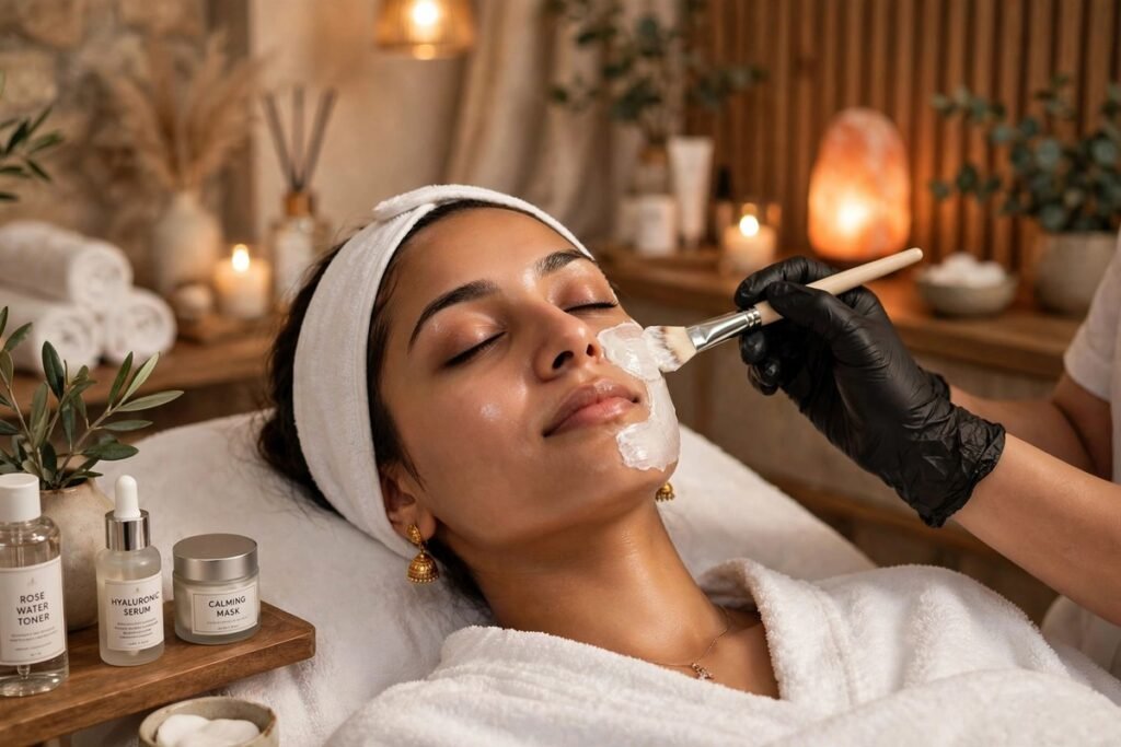 Facial vs clean-up: Pakistani woman receiving a professional facial treatment at a salon