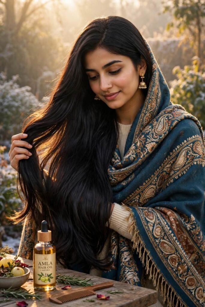 Winter hair fall: Pakistani woman with long healthy hair in a winter shawl holding amla hair oil